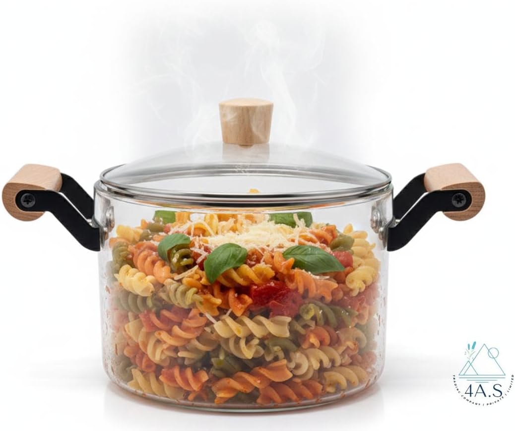 Extra Glass Stockpot with Lid, Clear Heat Resistant Borosilicate Glass, Wooden Handles, Dual Handles,5 L