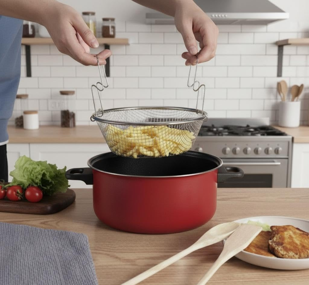 Deep Fryer Pot with Basket and Lid, Red, Non-Stick Coating, Wire Mesh Basket, Glass Lid with Black Handles,20 CM