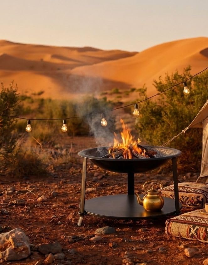 حفرة نار خارجية مع شواية، معدن أسود، وعاء دائري مع شبكة، للتخييم 55 * 60 سم