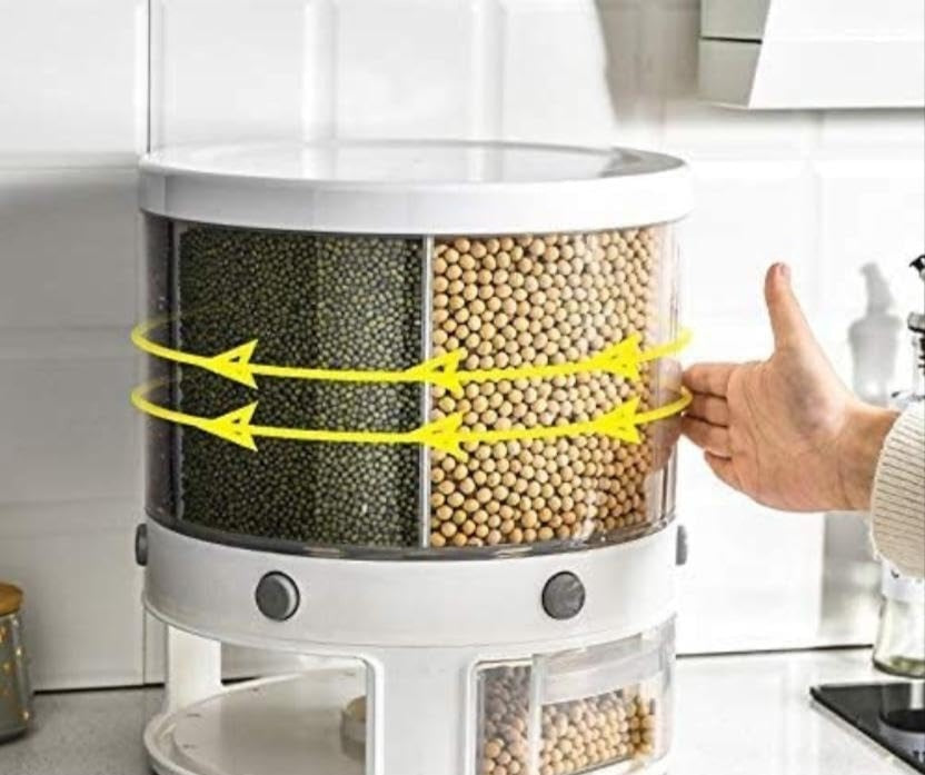 Rotating Food Storage Container, White, Multi-Compartment Grain Dispenser 5 Compartments