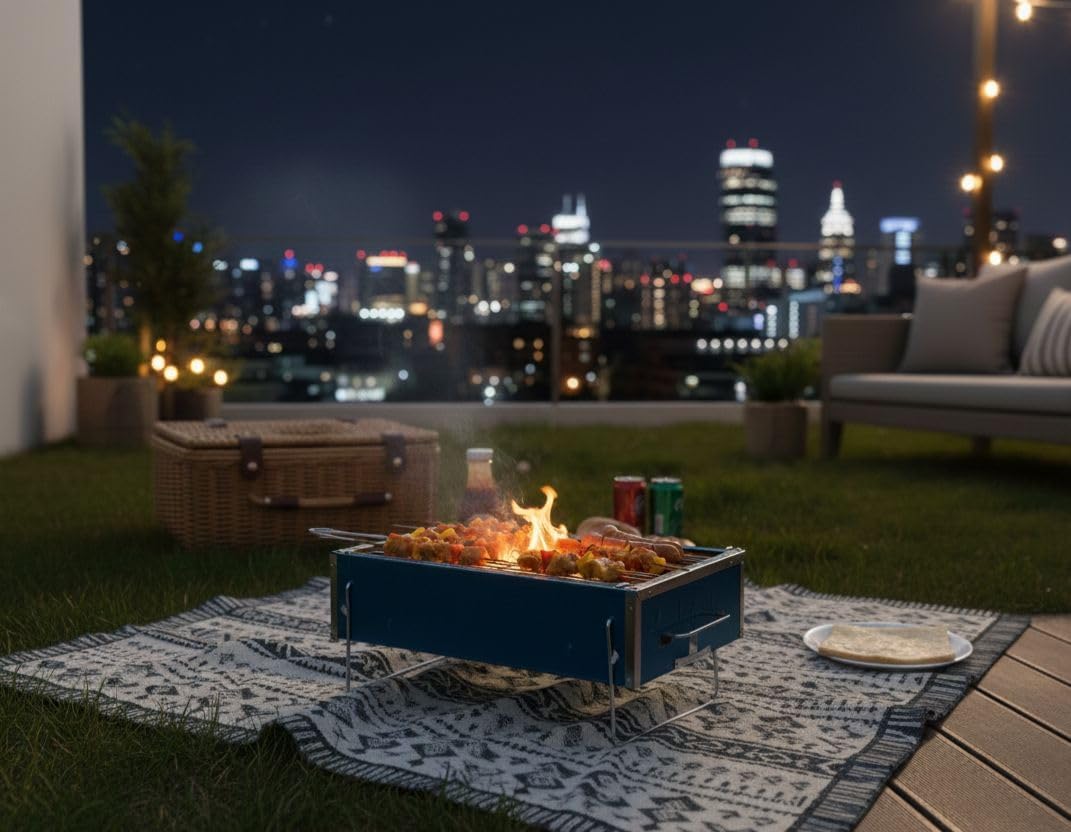 Portable Charcoal Grill, Blue, Stainless Steel, Compact Foldable Design, Efficient Cooking & Airflow, Easy Clean