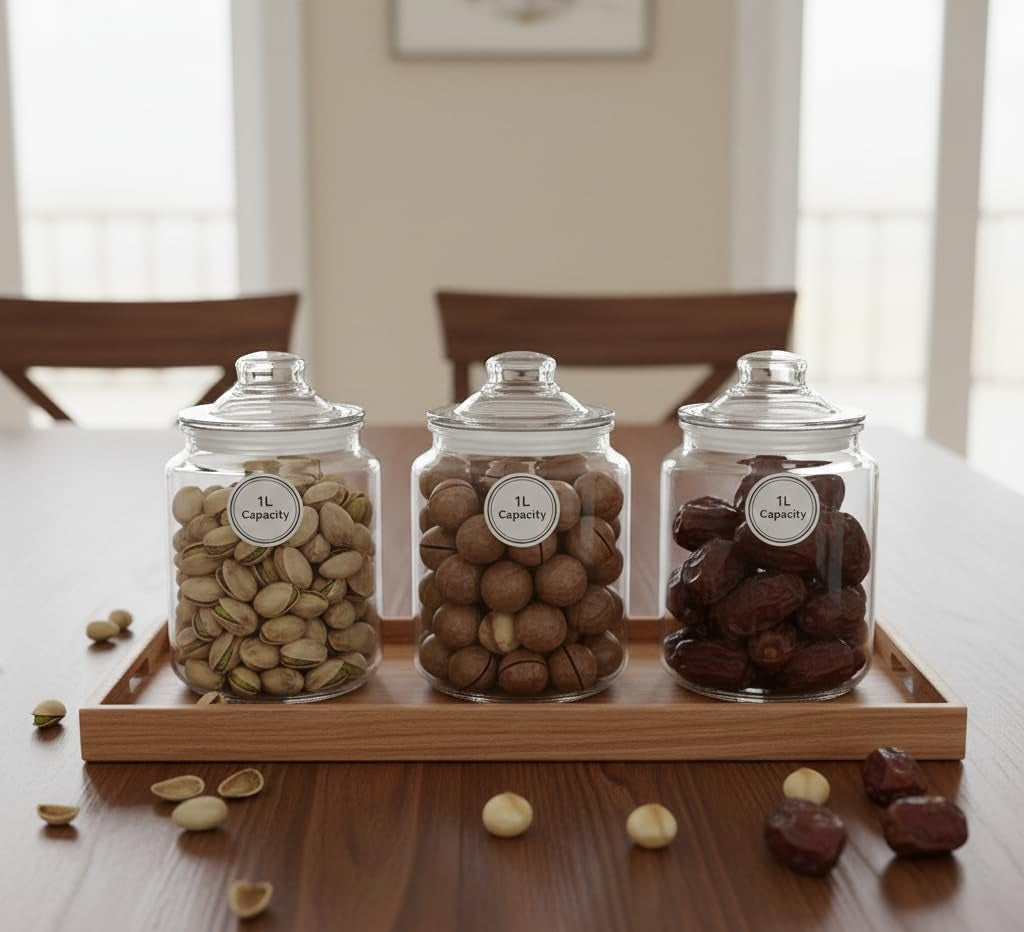 Clear Glass Storage Jars with Airtight Lids – Set of 3| 1 litres each,Ideal for Kitchen & Pantry Organization