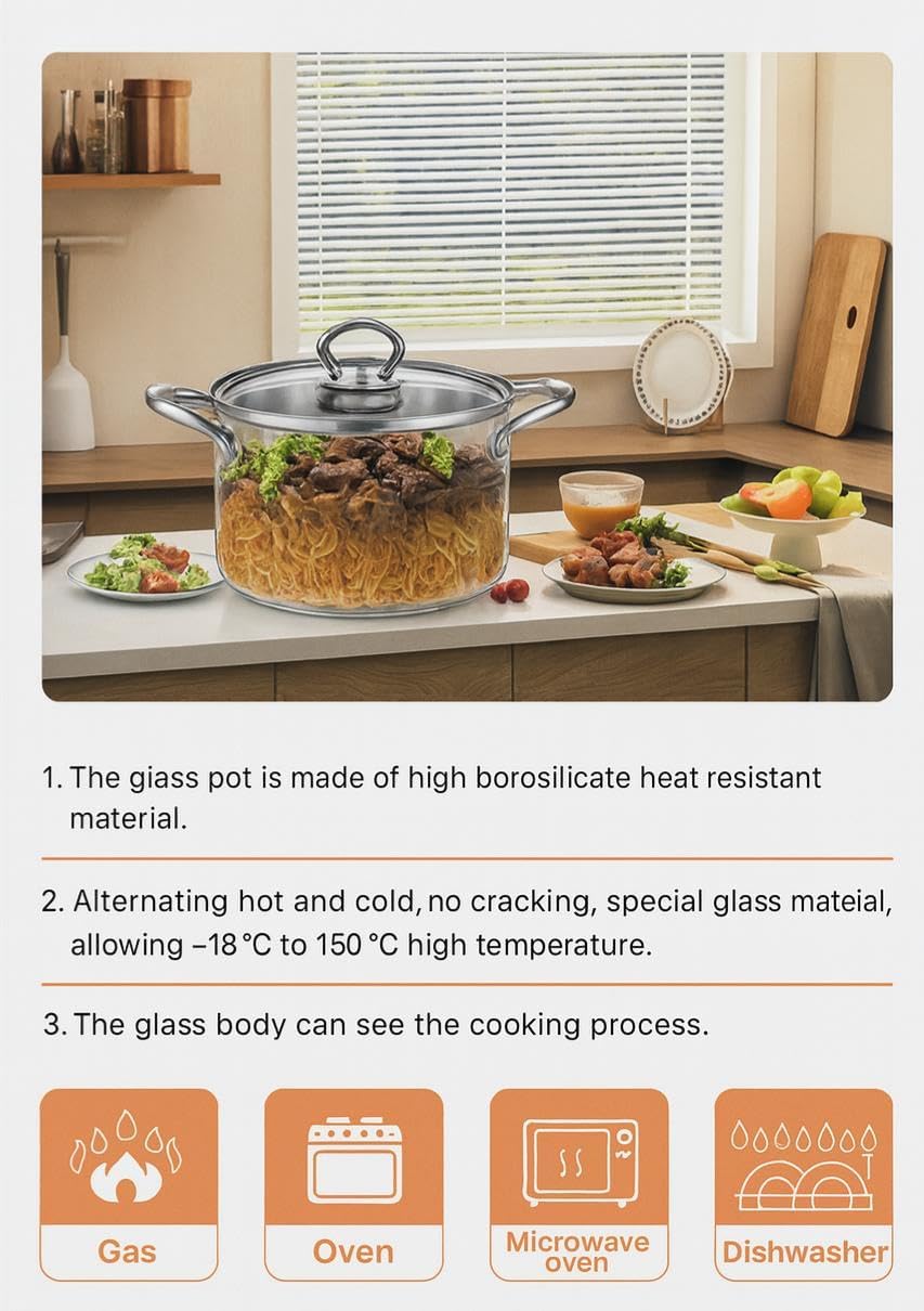 High Borosilicate Glass Cooking Pot with Lid, 3.5L, Clear