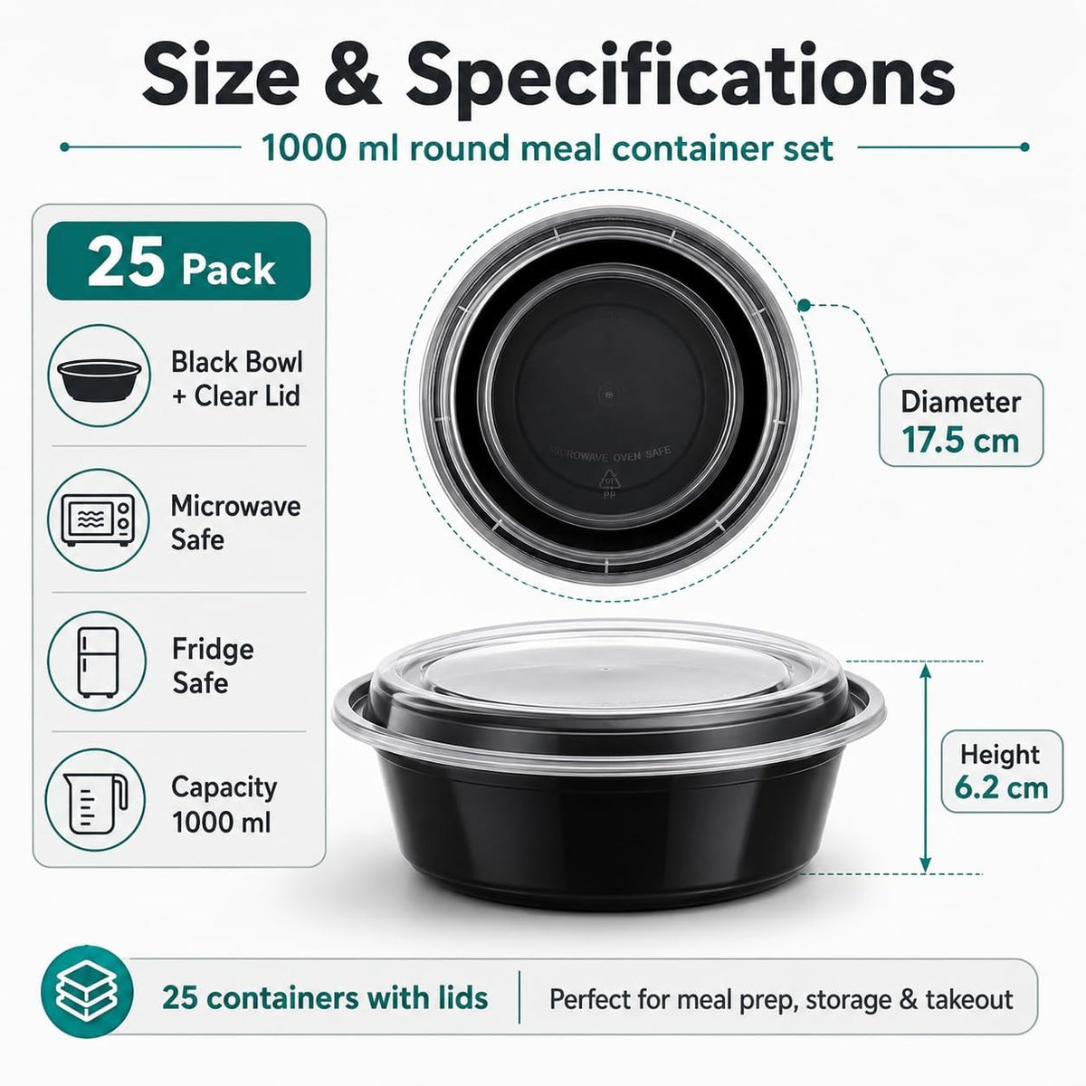 Pack of 25 Round Meal Prep Boxes with Lid, 1000 ml,