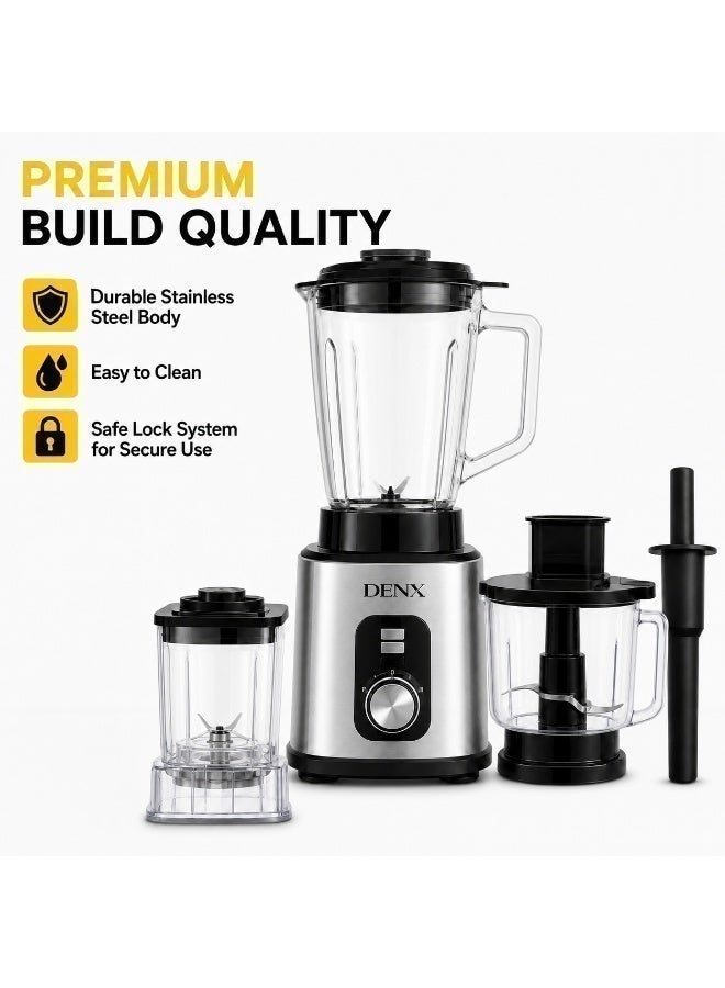 DENX 2000W 3-in-1 Heavy Duty Blender with 3L Jar + Grinder + Meat Mincer, High Speed Multi Function Kitchen Mixer, Smoothie Maker,Juicer, Food Processor for Home & Commercial Use