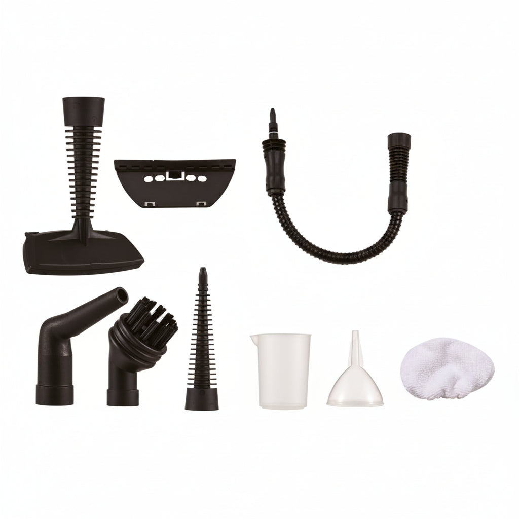 A multi-use steam cleaning device that operates electrically, with a power of 1200 watts, and a water capacity of 350 ml.