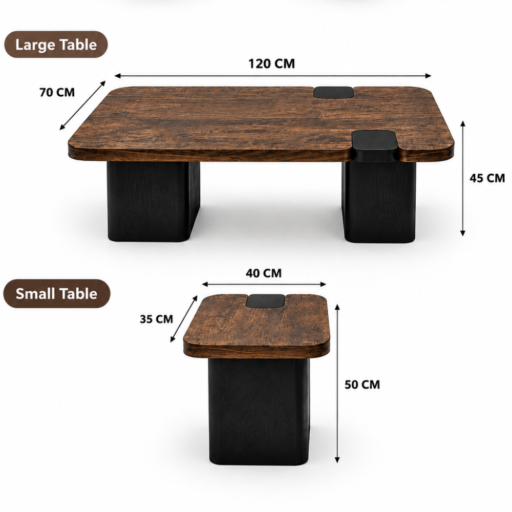 Contemporary woodgrain-look center coffee table with four matching side tables