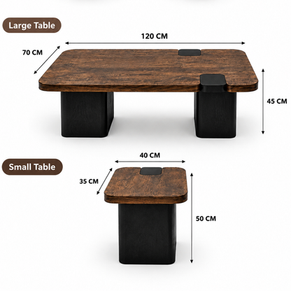 Contemporary woodgrain-look center coffee table with four matching side tables