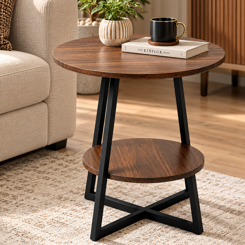 Modern coffee wood round side table with lower storage shelf, RQ-72078