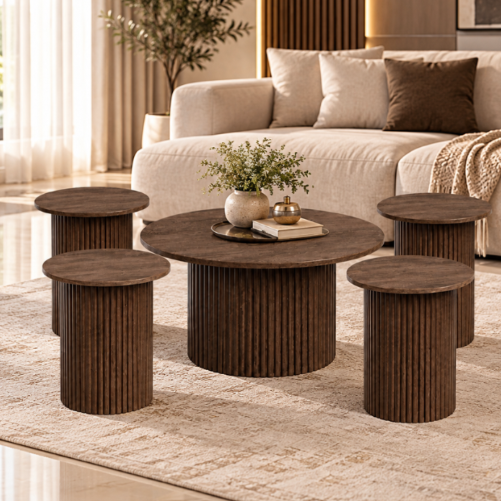 Modern coffee brown five-piece round table set for living room and majlis decor
