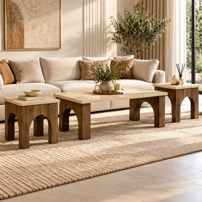Modern 3-piece two-tone wooden coffee table set with two matching arch-design side tables