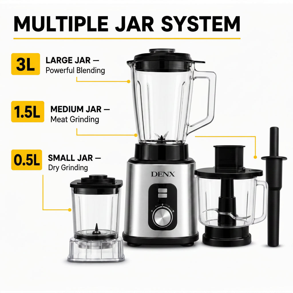 DENX 2000W 3-in-1 Heavy Duty Blender with 3L Jar + Grinder + Meat Mincer, High Speed Multi Function Kitchen Mixer, Smoothie Maker,Juicer, Food Processor for Home & Commercial Use