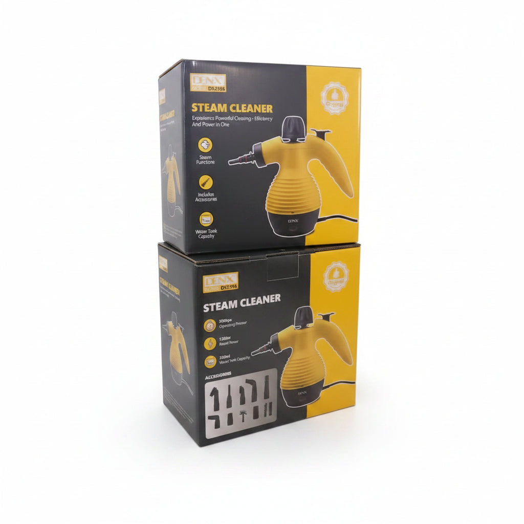 A multi-use steam cleaning device that operates electrically, with a power of 1200 watts, and a water capacity of 350 ml.
