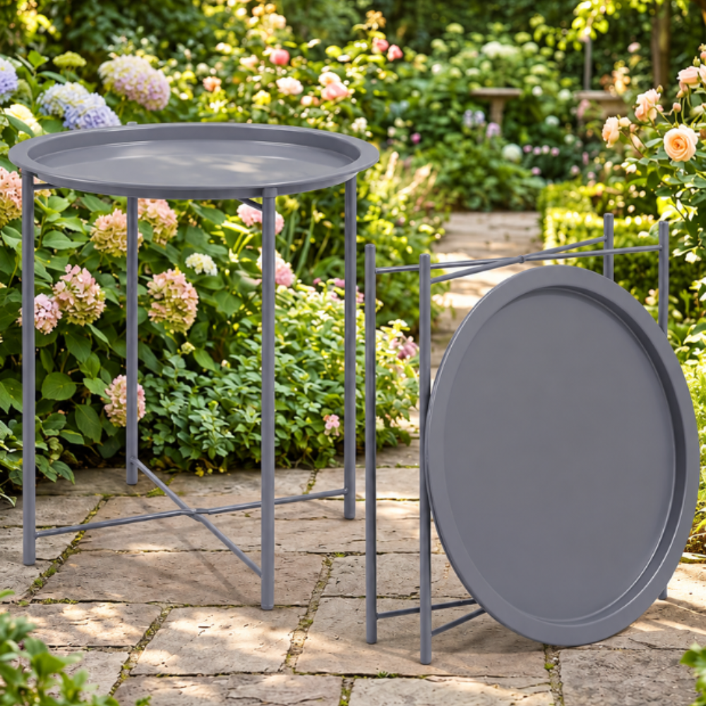 Round Tray Side Table 44 × 50 cm – Modern Metal Accent Table in Gray, White & Black