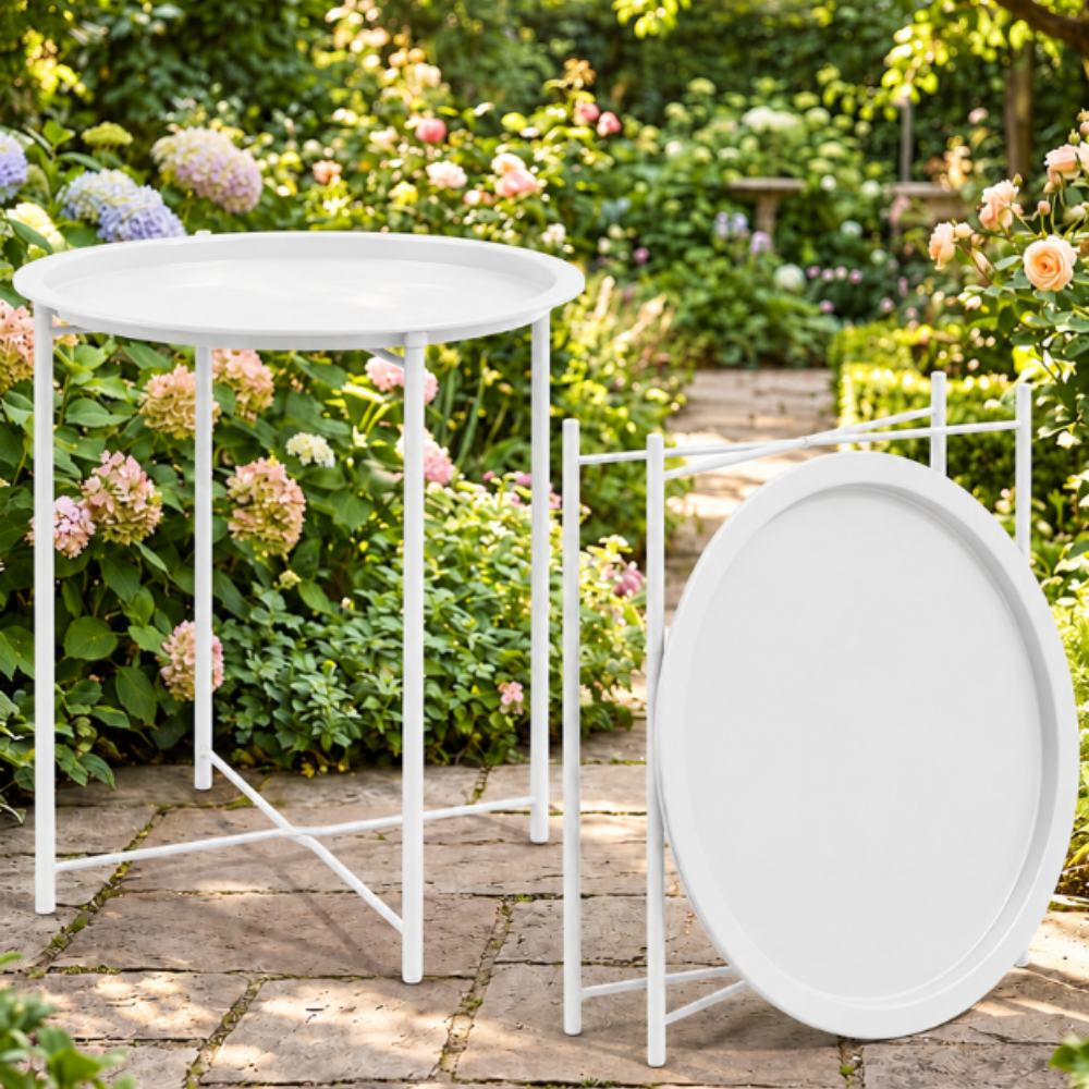 Round Tray Side Table 44 × 50 cm – Modern Metal Accent Table in Gray, White & Black