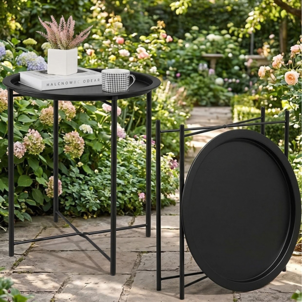 Round Tray Side Table 44 × 50 cm – Modern Metal Accent Table in Gray, White & Black