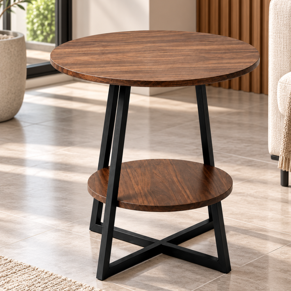 Raqi round side table in coffee wood with black metal frame and two-tier shelf