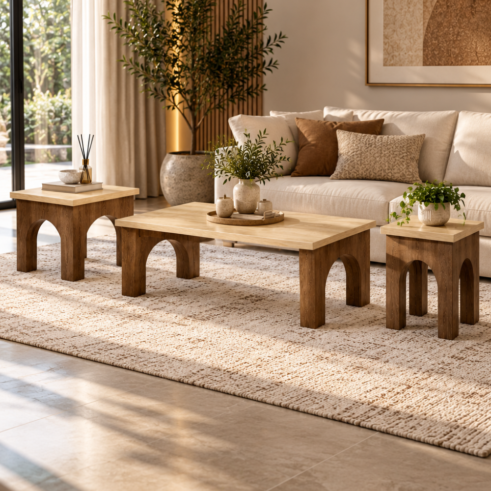 Modern coffee table set RQ-74003 with natural wood-look tops and brown arched bases