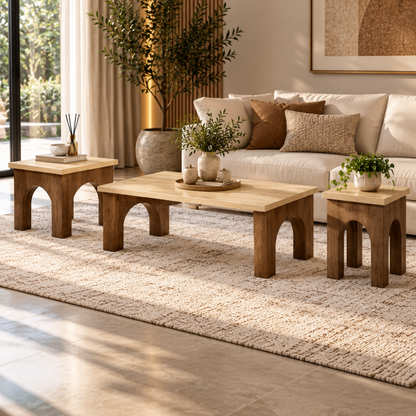 Modern coffee table set RQ-74003 with natural wood-look tops and brown arched bases
