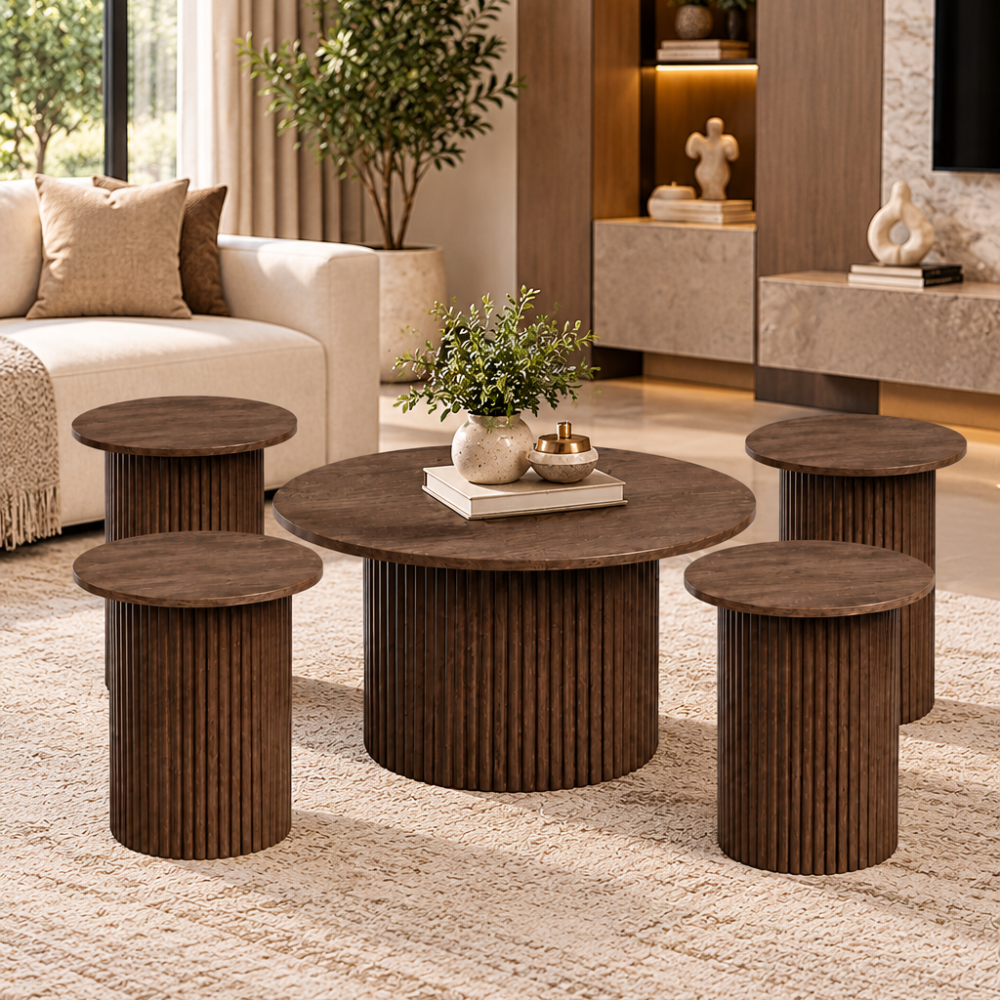 Raqi RQ-74021 coffee brown round coffee table set with one center table and four fluted side tables