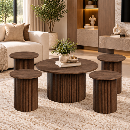 Raqi RQ-74021 coffee brown round coffee table set with one center table and four fluted side tables