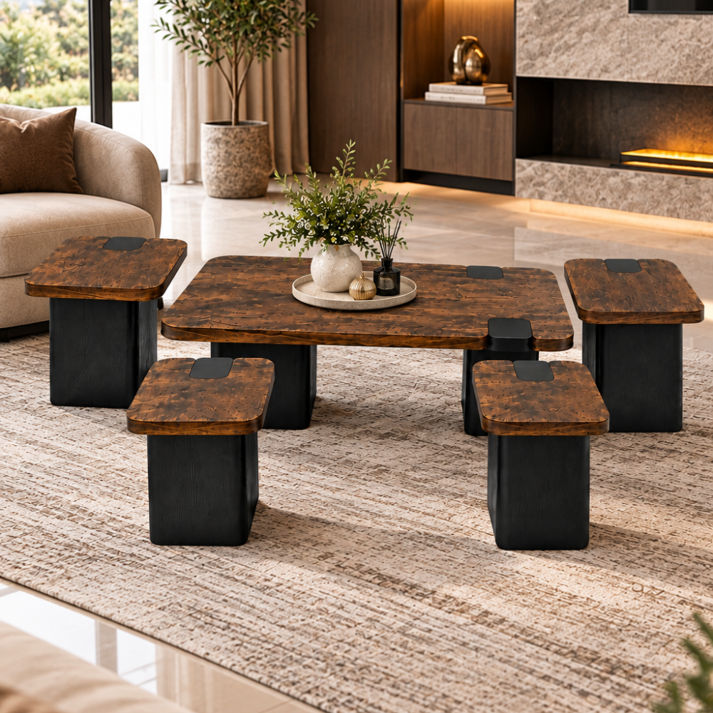 Rustic brown and black five-piece coffee table set, modern living room furniture