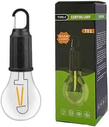 USB Type-C Rechargeable Camping Lamp, Warm Light, Portable LED Bulb with Carabiner Hook, Outdoor Tent Light