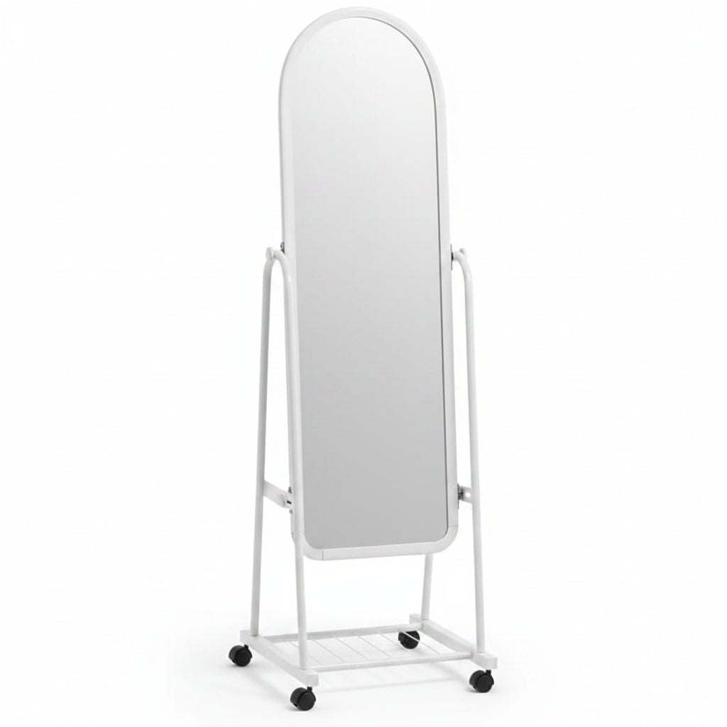 Full Length Standing Mirror with Wheels, White Metal Frame, Arched Top, Mobile Floor Mirror with Storage Shelf,