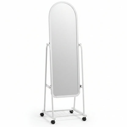 Full Length Standing Mirror with Wheels, White Metal Frame, Arched Top, Mobile Floor Mirror with Storage Shelf,