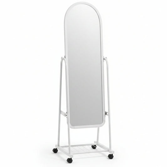 Full Length Standing Mirror with Wheels, White Metal Frame, Arched Top, Mobile Floor Mirror with Storage Shelf,