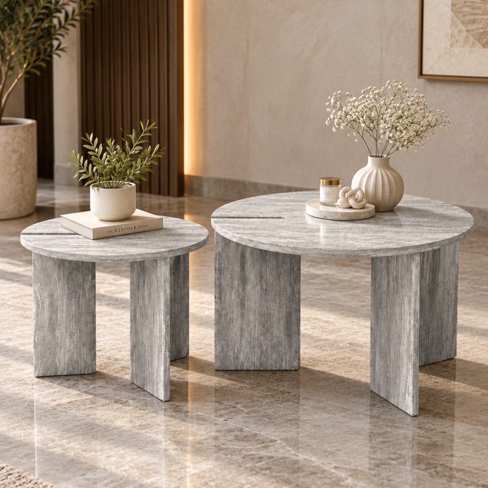 Raqi RQ-74019 round coffee table set of 2, travertine finish