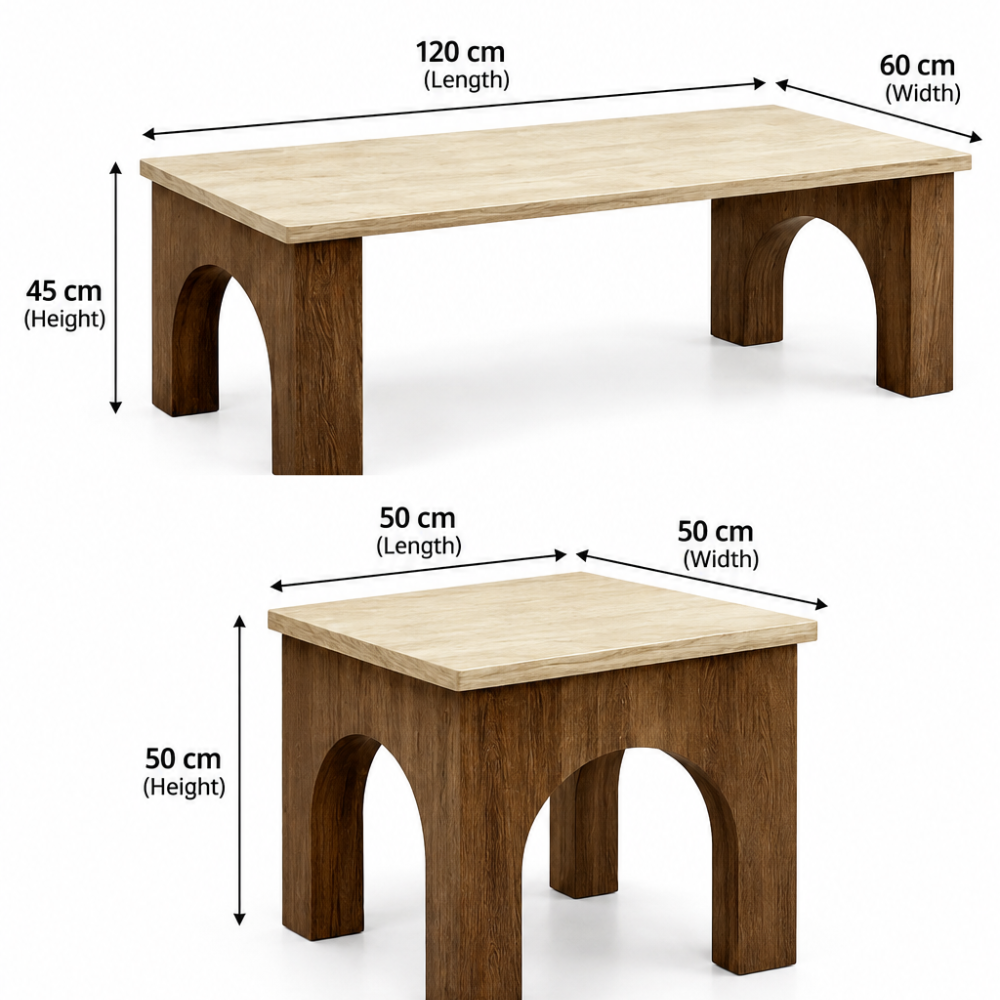Three-piece living room coffee table set with large rectangular table and two square side tables