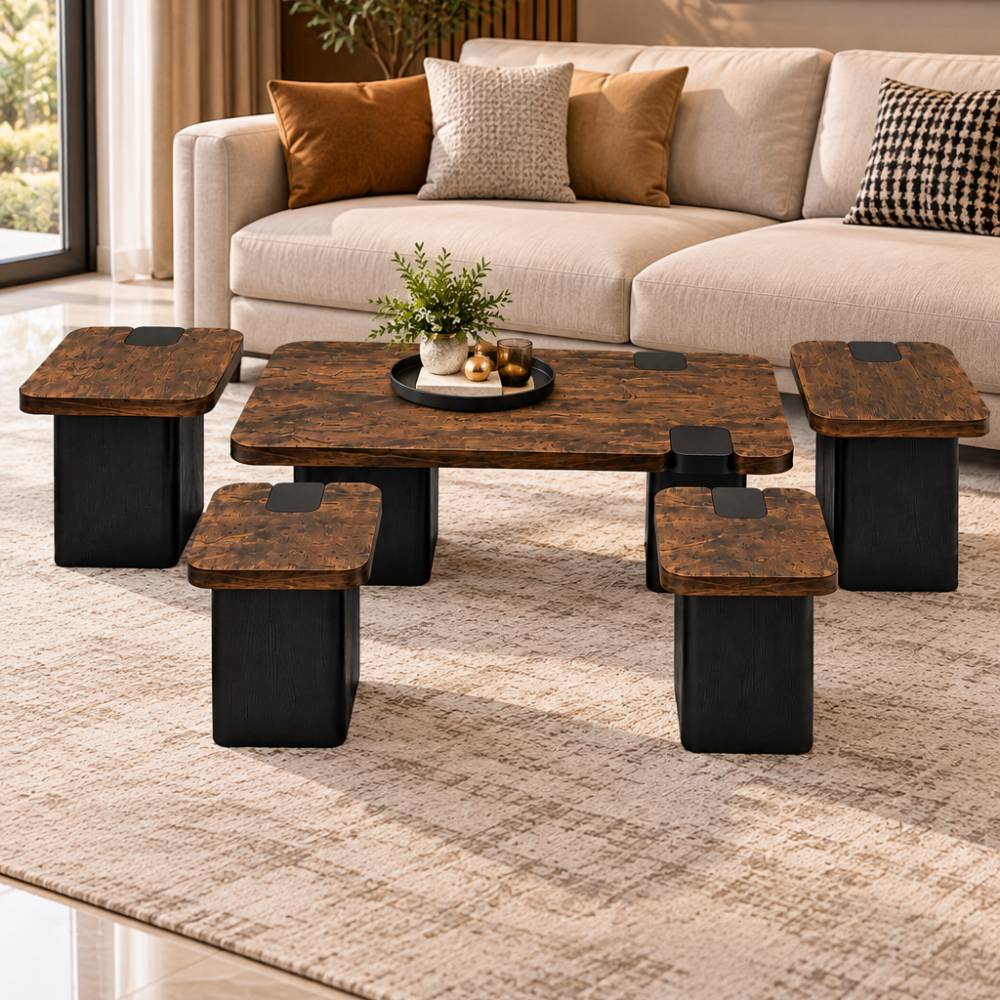 Modern 5-piece rustic brown and black coffee table set with four matching side tables