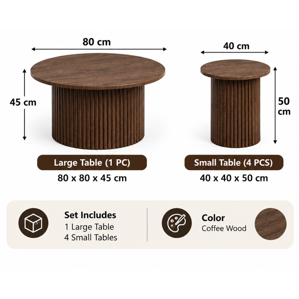 Raqi round coffee table set dimensions: large 80 x 80 x 45 cm and four small 40 x 40 x 50 cm tables