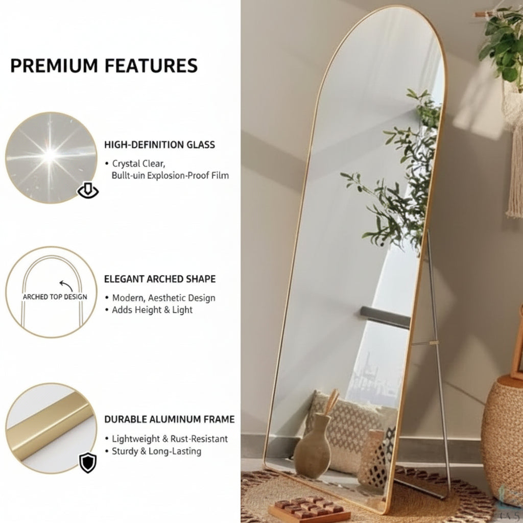 Extra Full Length Arched Mirror with Standing Holder, 155 * 45 Free Standing Floor Mirror, Large Oval Dressing Mirror with Aluminum Alloy Frame for Bedroom, Living Room, or Cloakroom