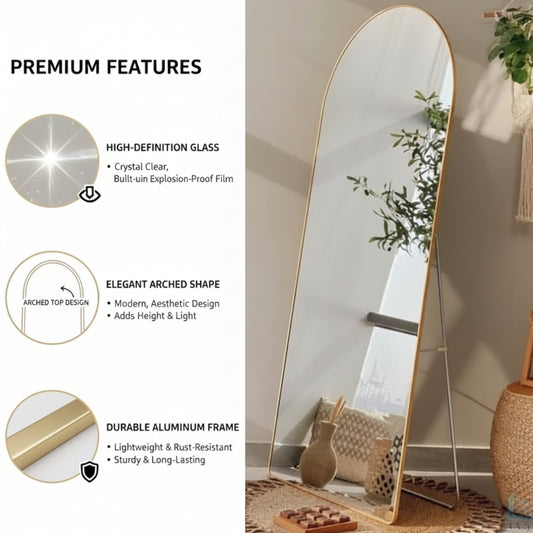 Extra Full Length Arched Mirror with Standing Holder, 155 * 45 Free Standing Floor Mirror, Large Oval Dressing Mirror with Aluminum Alloy Frame for Bedroom, Living Room, or Cloakroom