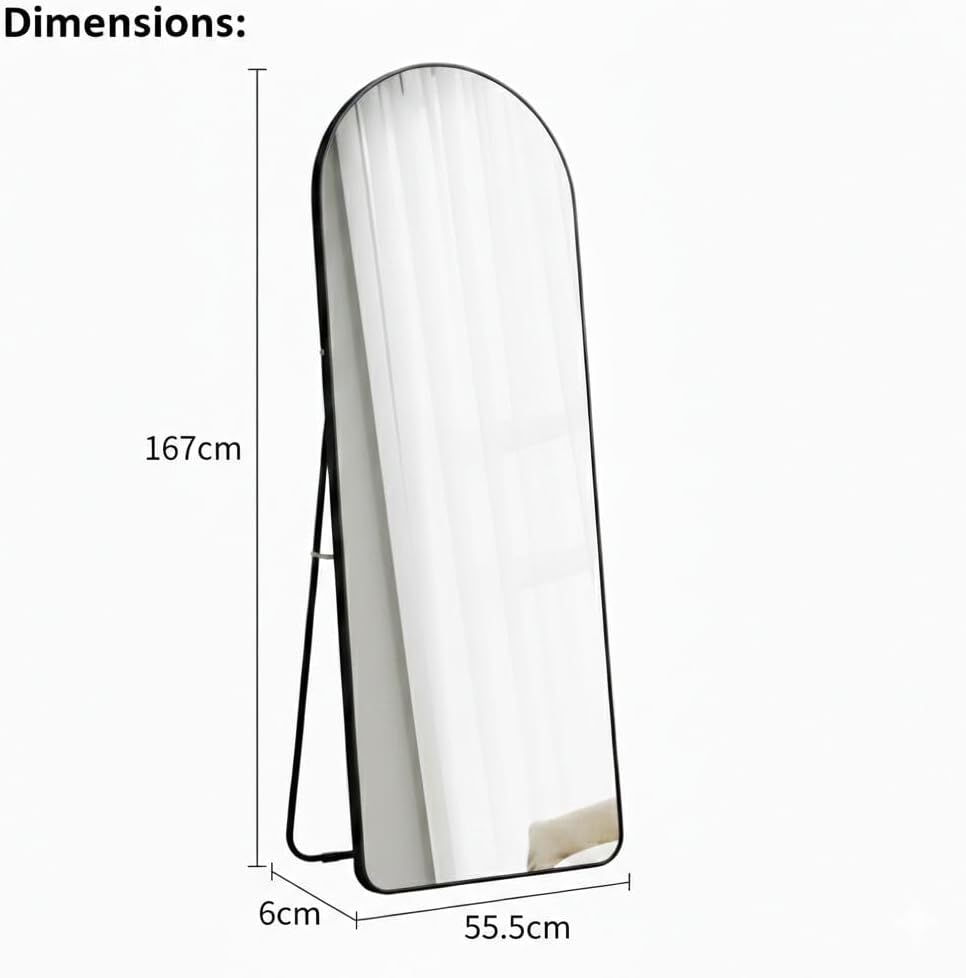 Luxury Full Length Standing Mirror, Arched Top, Black Metal Frame, 167cm x 55.5cm, Floor Mirror with Stand