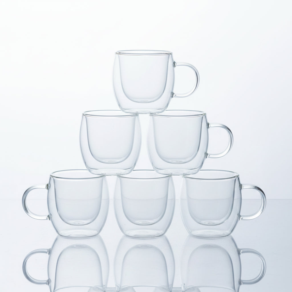 Double Walled Glass Coffee Mugs, Clear, 250ml, Pack of 6, Insulated Thermal Cups with Handle