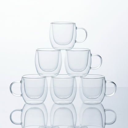 Double Walled Glass Coffee Mugs, Clear, 250ml, Pack of 6, Insulated Thermal Cups with Handle