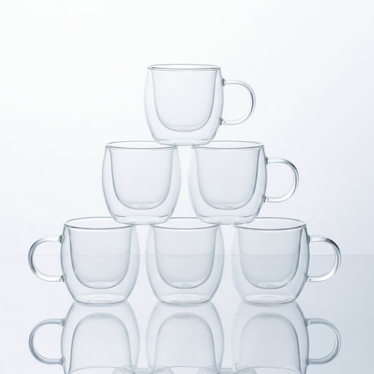 Double Walled Glass Coffee Mugs, Clear, 250ml, Pack of 6, Insulated Thermal Cups with Handle