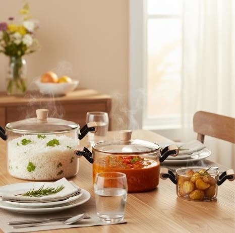 طقم أواني طهي من ClearGlass مكون من 3 قطع مع أغطية بمقابض خشبية، أطباق كاسرول زجاجية شفافة بمقابض سوداء، سعة 5 لتر، 4 لتر، 3.2 لتر.