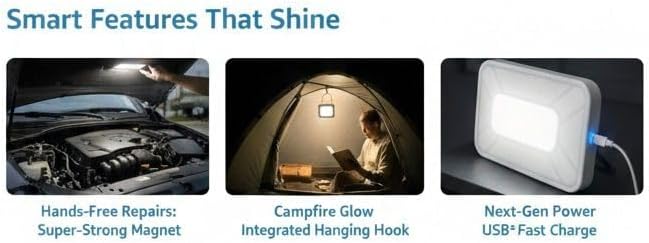 Multi-Functional LED Camping Light with USB Fast Charge, Hanging Hook, Super-Strong Magnet, White, for Fishing, Camping, Repair, Hiking