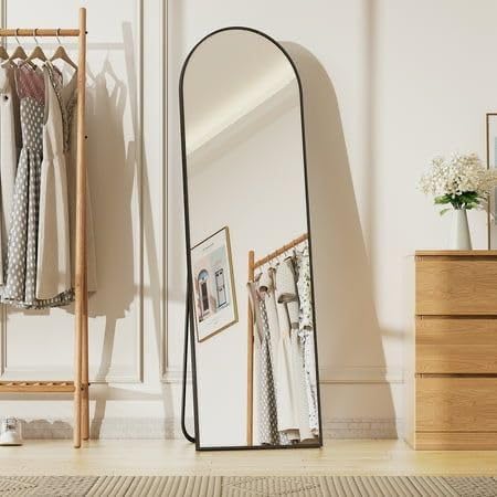 Luxury Full Length Standing Mirror, Arched Top, Black Metal Frame, 167cm x 55.5cm, Floor Mirror with Stand