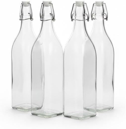 Premium Glass Swing Top Bottles with Airtight Seal, Clear, 4 Pack, Flip Top Closure for Beverages,1 L