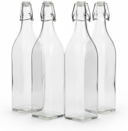 Premium Glass Swing Top Bottles with Airtight Seal, Clear, 4 Pack, Flip Top Closure for Beverages,1 L