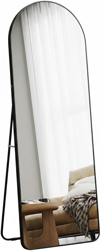 Luxury Full Length Standing Mirror, Arched Top, Black Metal Frame, 167cm x 55.5cm, Floor Mirror with Stand