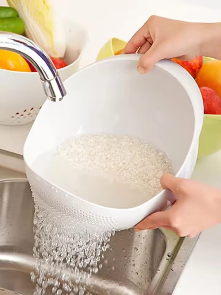 Pack of 2 Amazing Plastic Strainer Bowls Multi Functional Rice, Vegetable, and Fruits Washing Colander Basket, Kitchen Drainer & Drainage Basin for Food Prep