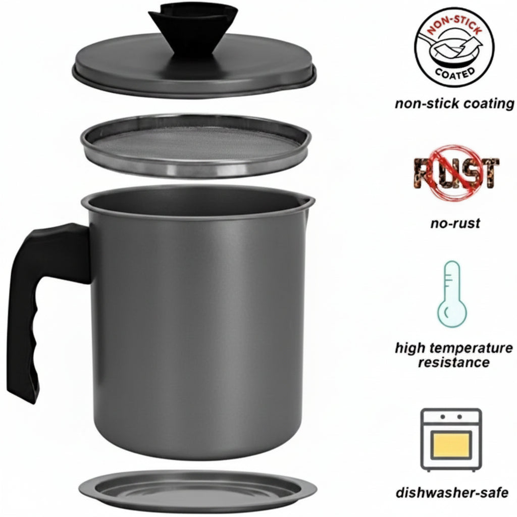 High Quality stainless steel Oil Pot with Mesh Strainer, Premium Non-Stick Coated Stainless Steel, Dishwasher Safe, Anti-Scalding Handle, Grey,1.4 litre Capacity