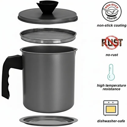 High Quality stainless steel Oil Pot with Mesh Strainer, Premium Non-Stick Coated Stainless Steel, Dishwasher Safe, Anti-Scalding Handle, Grey,1.4 litre Capacity