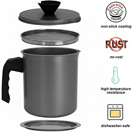 High Quality stainless steel Oil Pot with Mesh Strainer, Premium Non-Stick Coated Stainless Steel, Dishwasher Safe, Anti-Scalding Handle, Grey,1.4 litre Capacity
